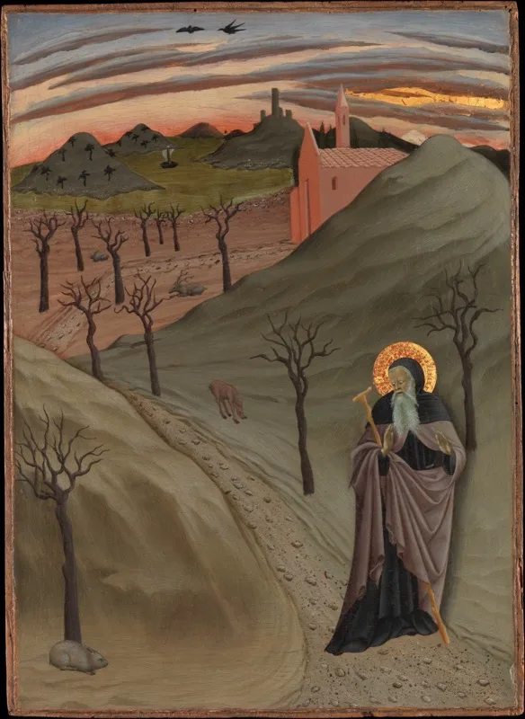 Pintura de Santo Antão caminhando no deserto ao entardecer